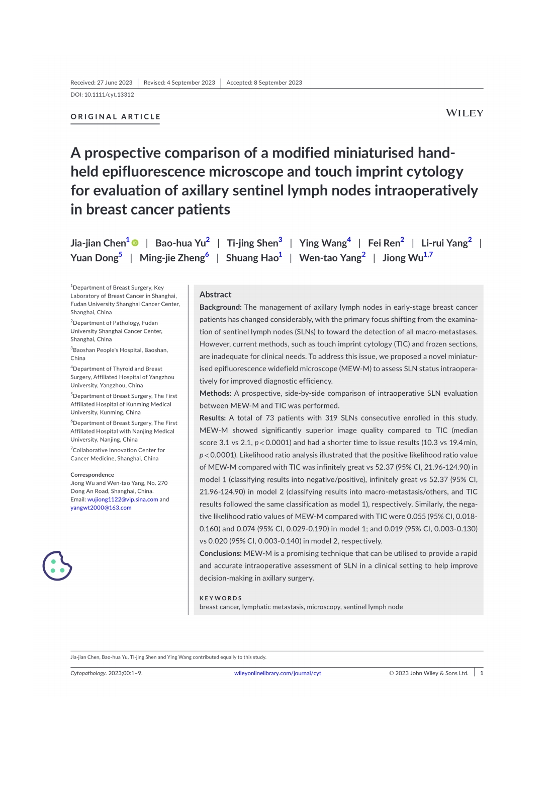 A prospective comparison of a modified miniaturised hand-held epifluorescence microscope and touch imprint cytologyfor evaluation of axillary sentinel lymph nodes intraoperativelyin breast cancer pati(圖1)